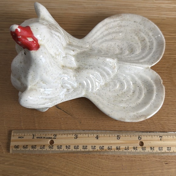 Vintage MCM Rooster&hen Double Spoon Holder Rest White Speckled - Picture 3 of 9